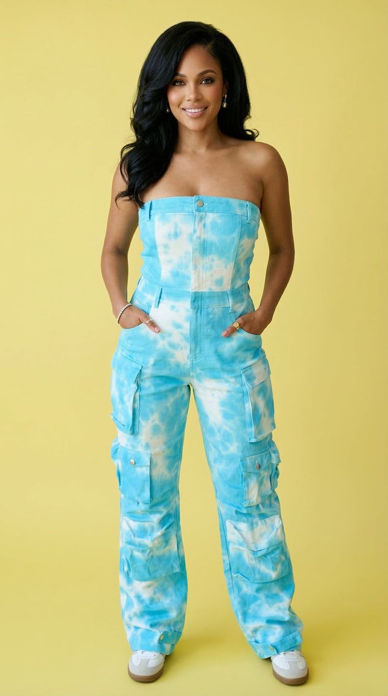 Summer Blue Tie Dye Strapless Utility Jumpsuit