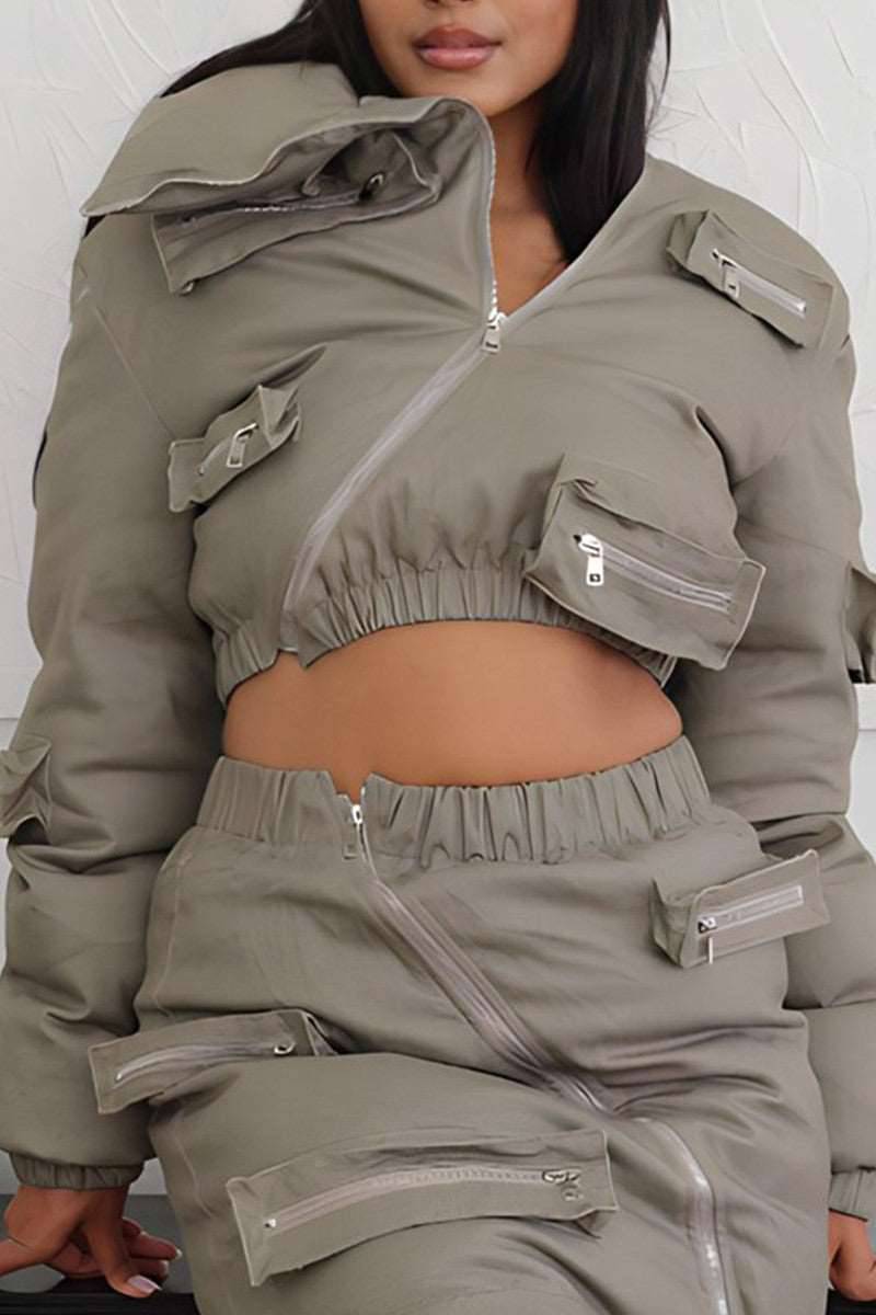 casual zipper puffer jacket and skirt set