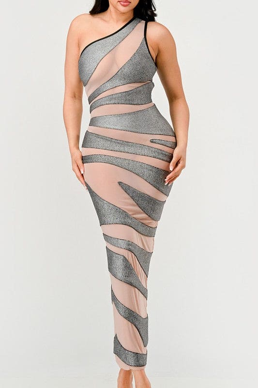 white christmas dresses Metallic Bandage Mesh Insert Dress Silver/Nude / L
