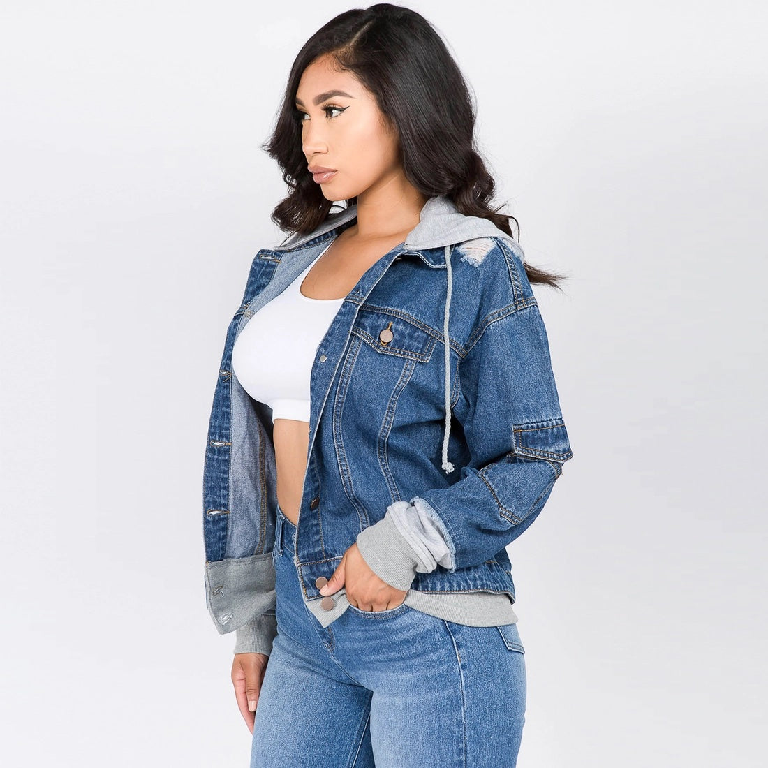 Oversized Denim Jacket w/Hoodie - LURE Boutique