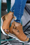 Khaki PU Cutout Buckle Strap Platform Sandals