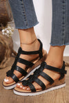 Black Hollowed PU Leather Straps Wedge Sandals