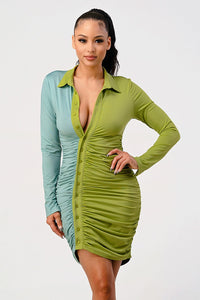 Two-Tone Ruched Button-Up Mini Dress