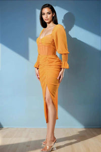 Summer solid yellow long sleeve chiffon dress