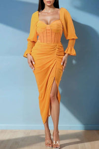 Summer solid yellow long sleeve chiffon dress