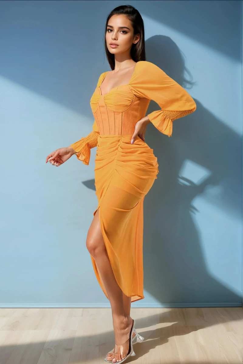 Summer solid yellow long sleeve chiffon dress