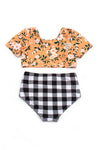 Mustard floral print plaid girl swimsuit