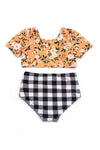 Mustard floral print plaid girl swimsuit