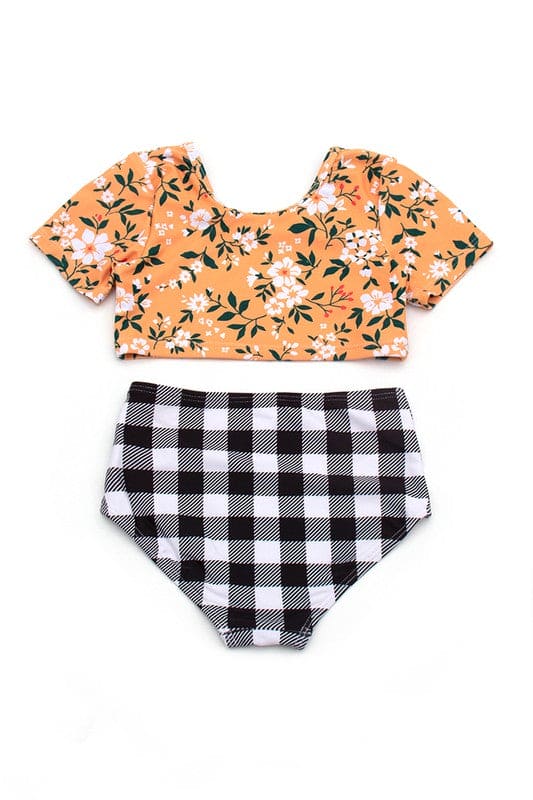 Mustard floral print plaid girl swimsuit