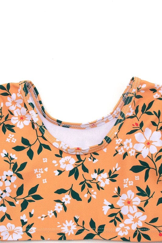 Mustard floral print plaid girl swimsuit