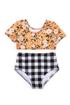 Mustard floral print plaid girl swimsuit