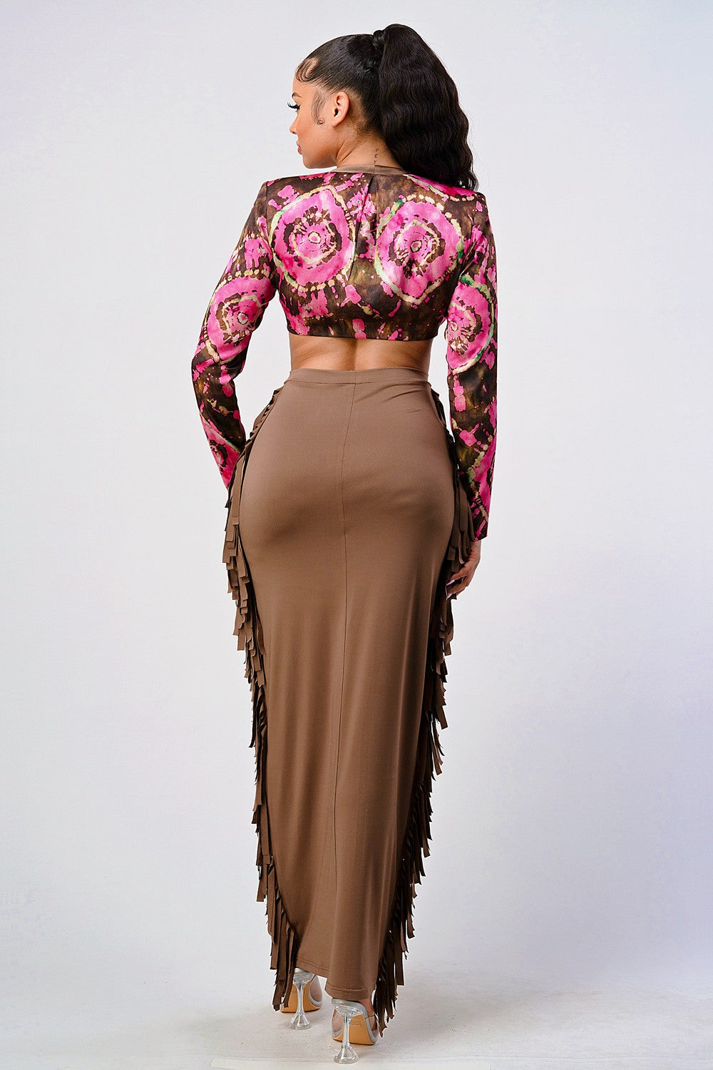 SALE Athina floral print crop top and tassel skirt set