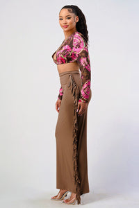 SALE Athina floral print crop top and tassel skirt set