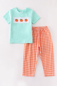 Blue pumpkin applique boy set