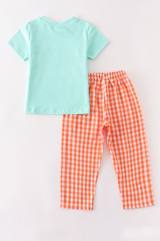 Blue pumpkin applique boy set