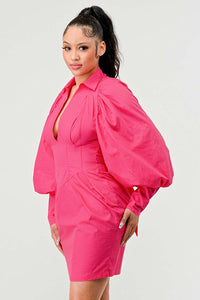 Blush of Elegance: Puff-Sleeve Pink Dress