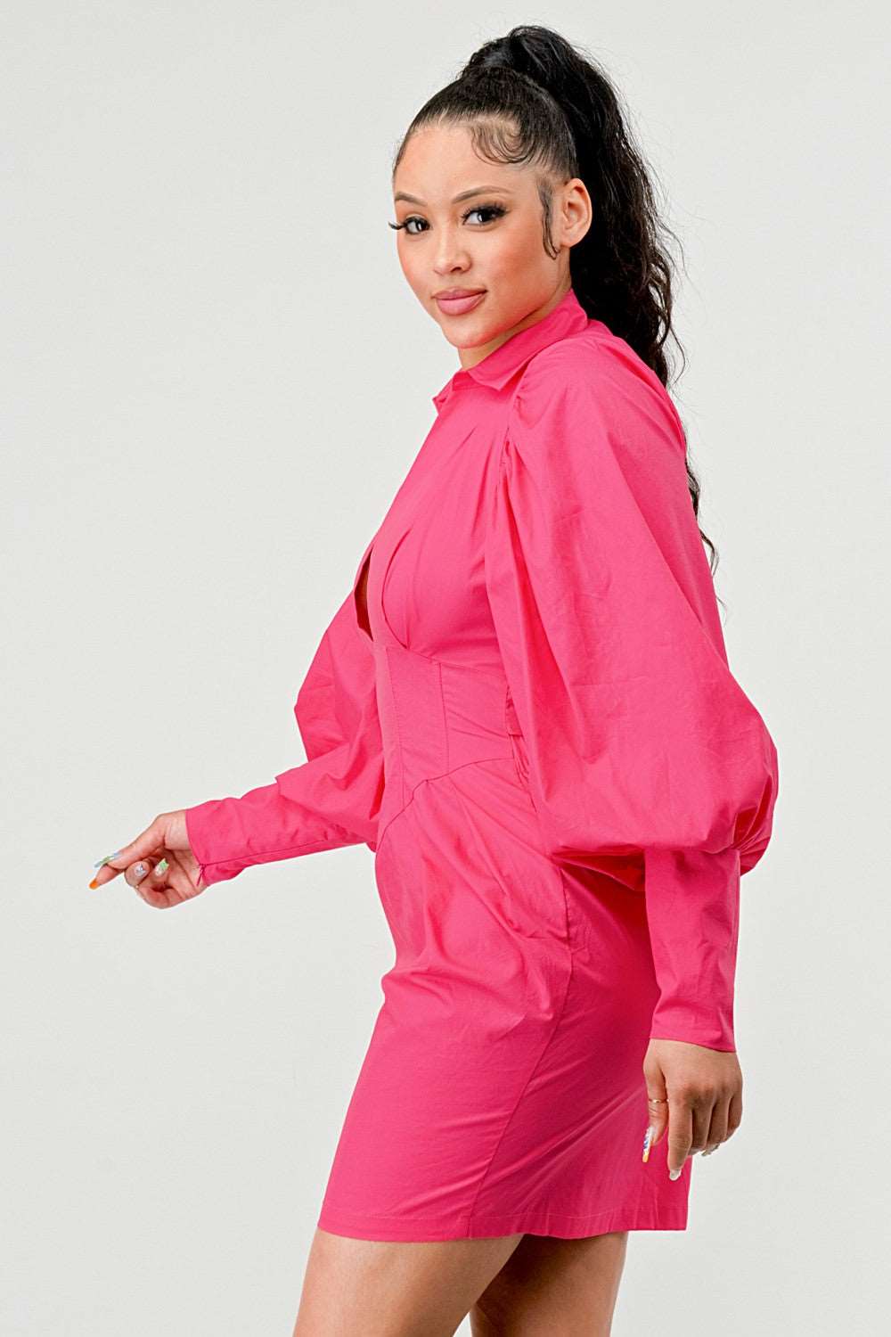 Blush of Elegance: Puff-Sleeve Pink Dress