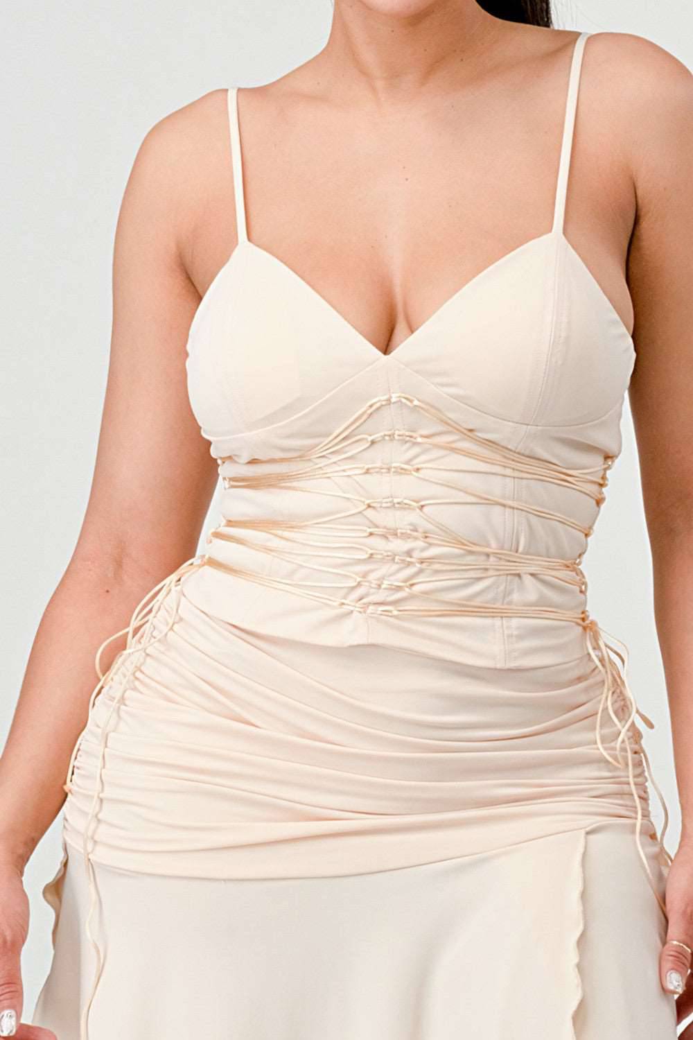 Corset Waist Beige Slit Dress