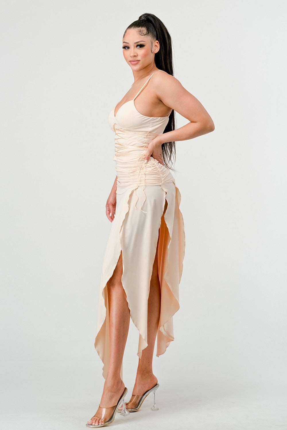 Corset Waist Beige Slit Dress