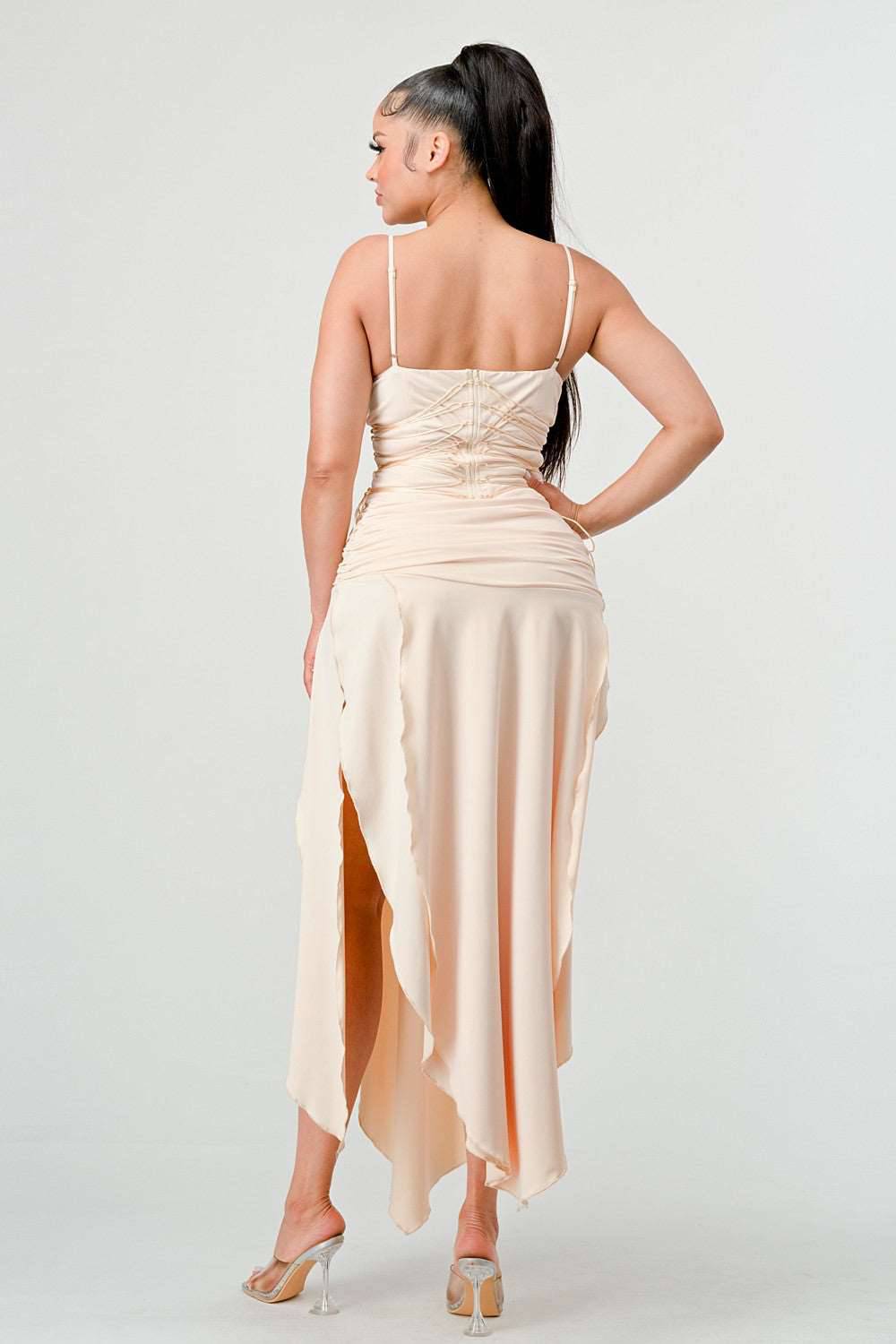Corset Waist Beige Slit Dress
