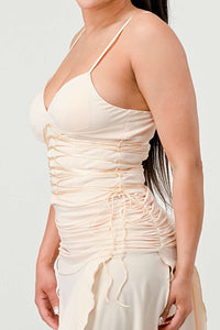 Corset Waist Beige Slit Dress