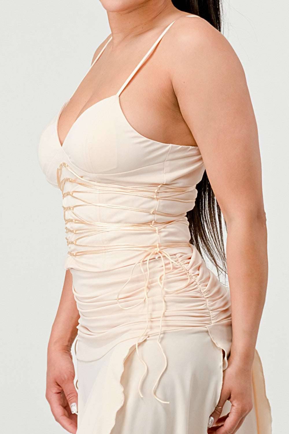 Corset Waist Beige Slit Dress