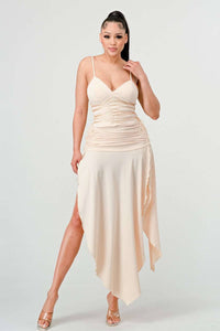 Corset Waist Beige Slit Dress