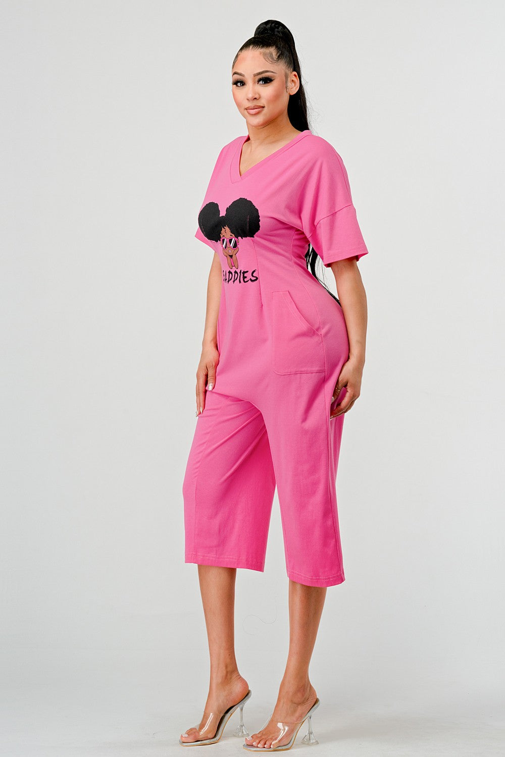 Sassy Chic: Bubblegum Pink Graphic Baddies Jumpsuit Pajamas