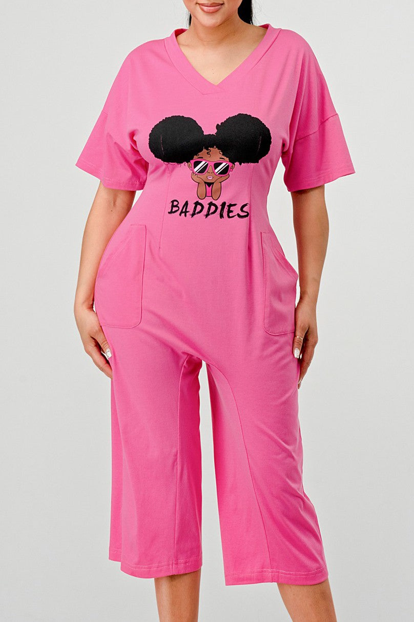 Sassy Chic: Bubblegum Pink Graphic Baddies Jumpsuit Pajamas
