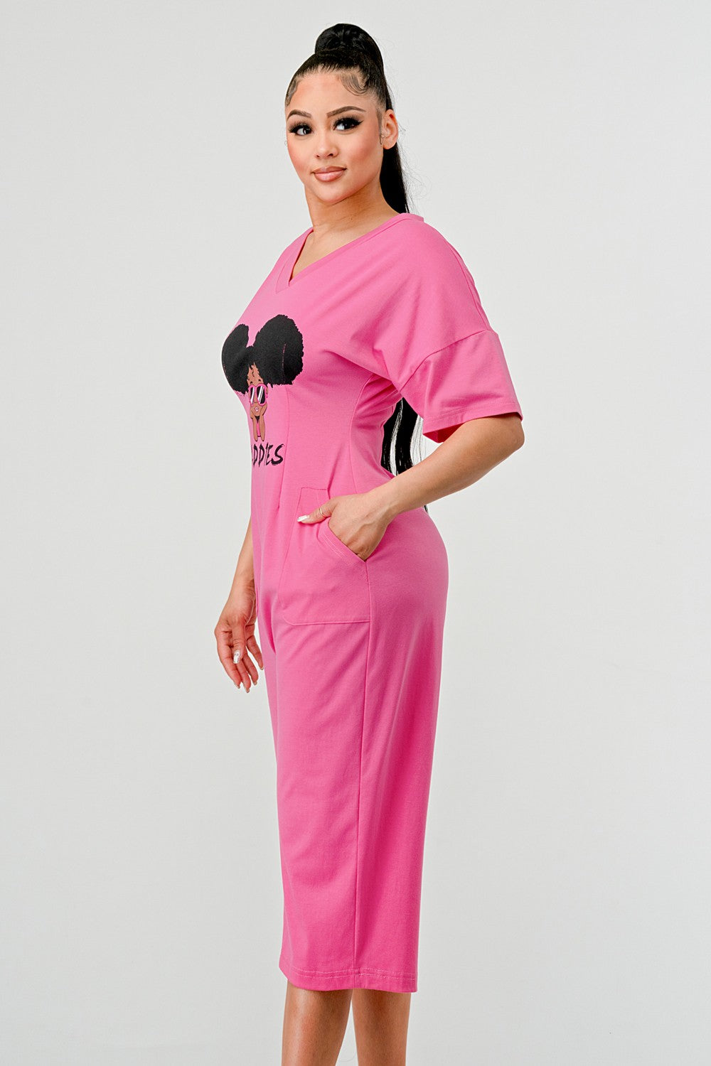 Sassy Chic: Bubblegum Pink Graphic Baddies Jumpsuit Pajamas