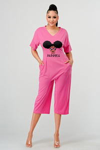 Sassy Chic: Bubblegum Pink Graphic Baddies Jumpsuit Pajamas