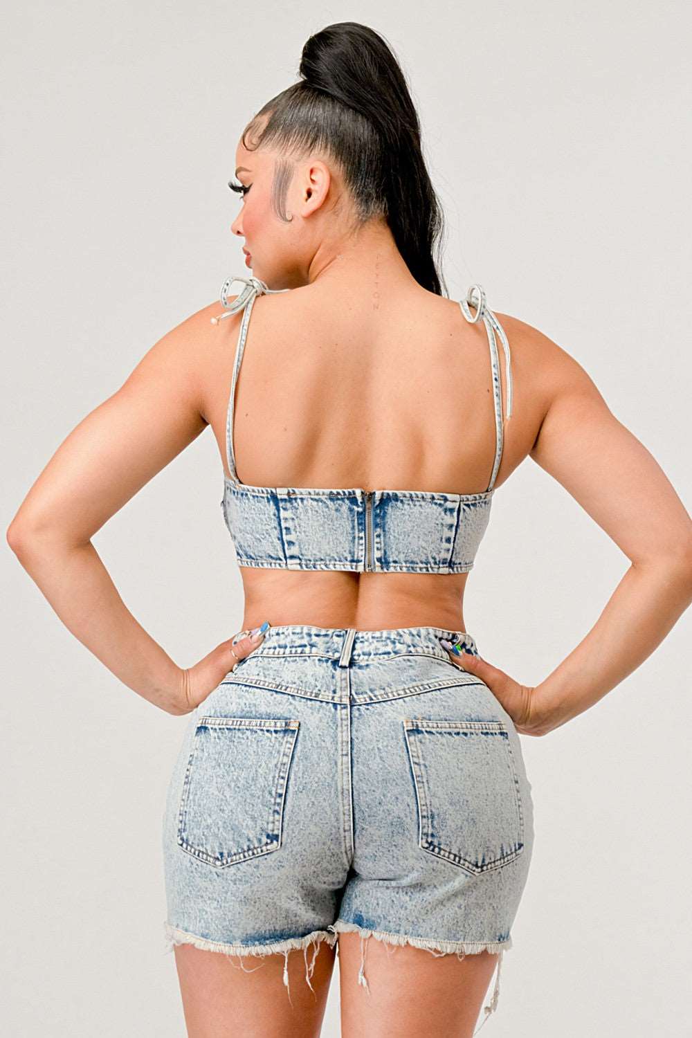 Denim Deconstructed Crop Top and Shorts Set