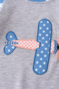 Blue dot plane patriotic embroidery boy romper