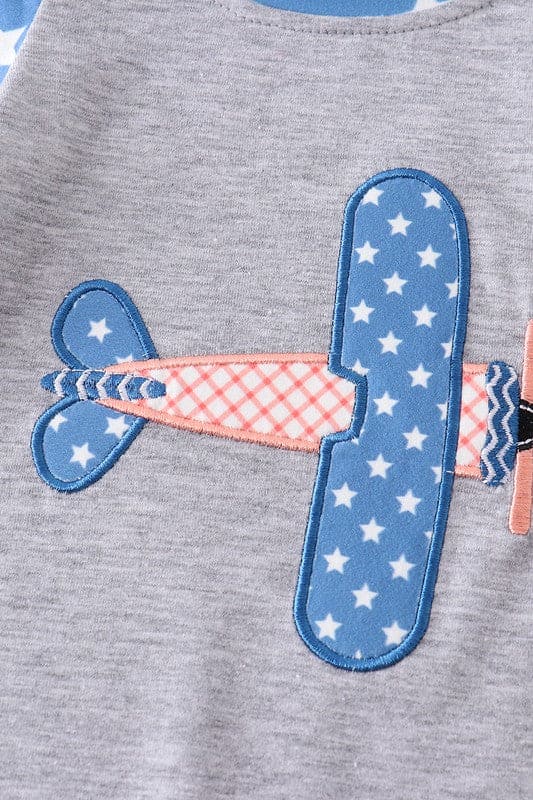 Blue dot plane patriotic embroidery boy romper