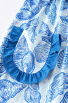 Blue marine creature print ruffle girl set