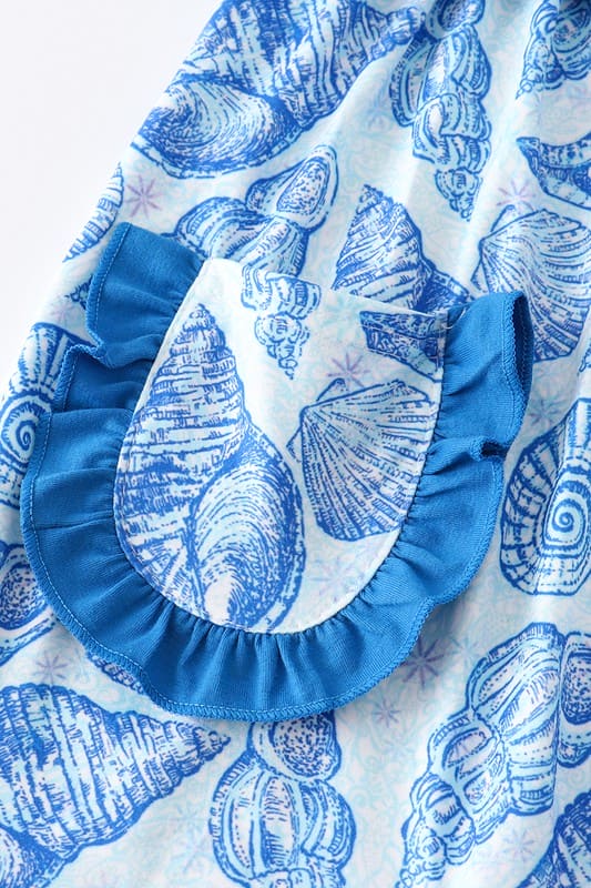Blue marine creature print ruffle girl set