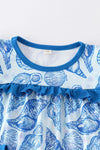 Blue marine creature print ruffle girl set