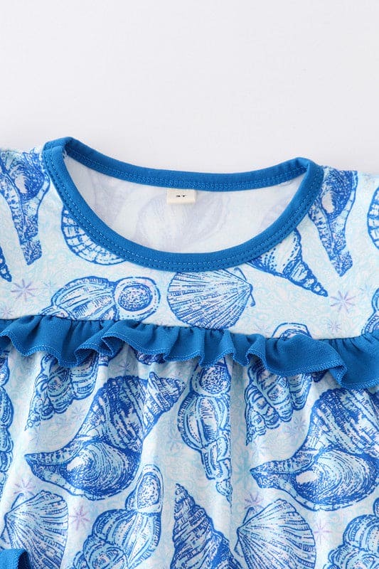 Blue marine creature print ruffle girl set