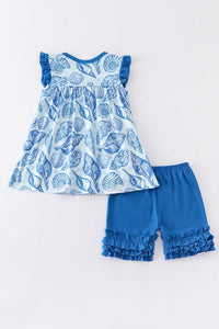 Blue marine creature print ruffle girl set