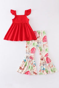 Red farm ruffle bell pant girl set