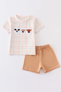 Cow french knot plaid boy short set