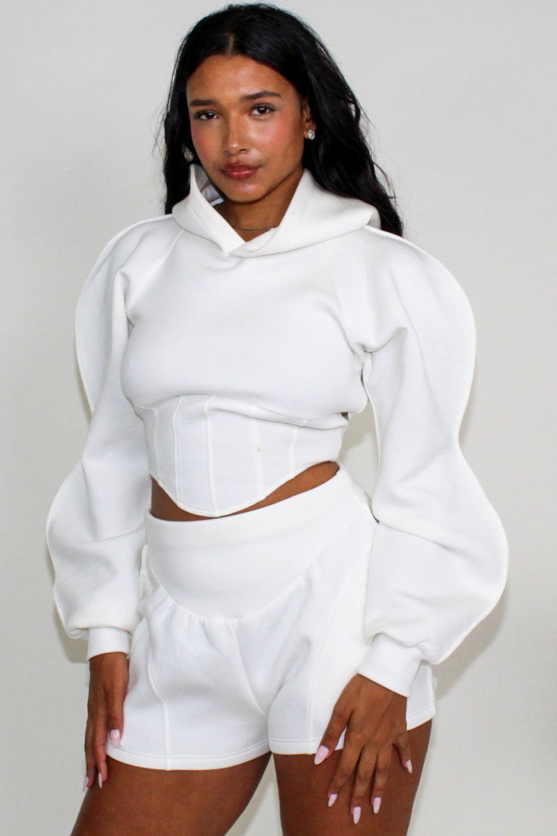 Modern White Crop Hoodie and Shorts Set