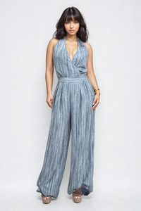 Skyline Pleated Halter Jumpsuit – Slate Blue