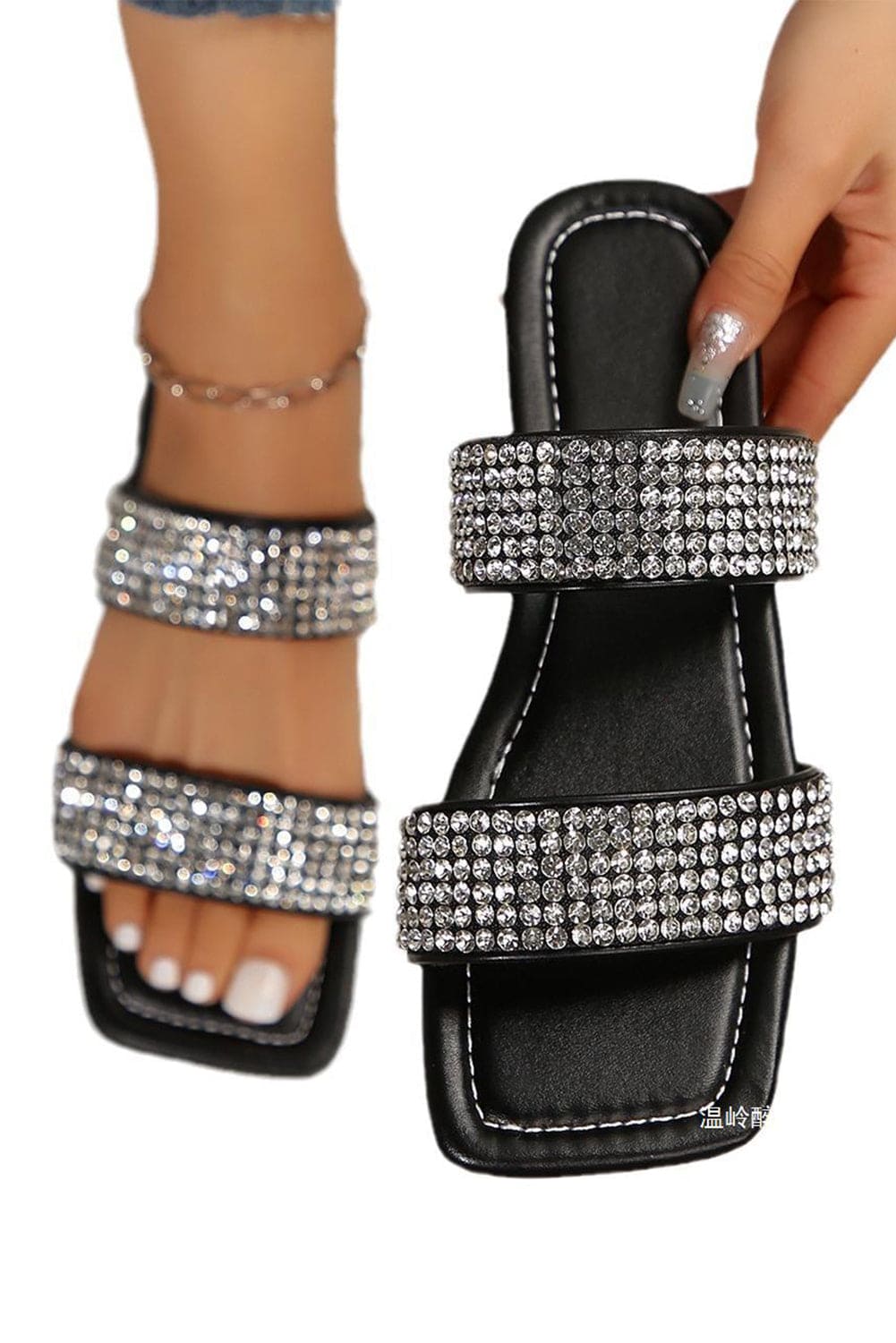 Black Double Rhinestone Straps Square Toe Slippers