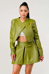 Button Up Pu Leather jacket and Skirt Set