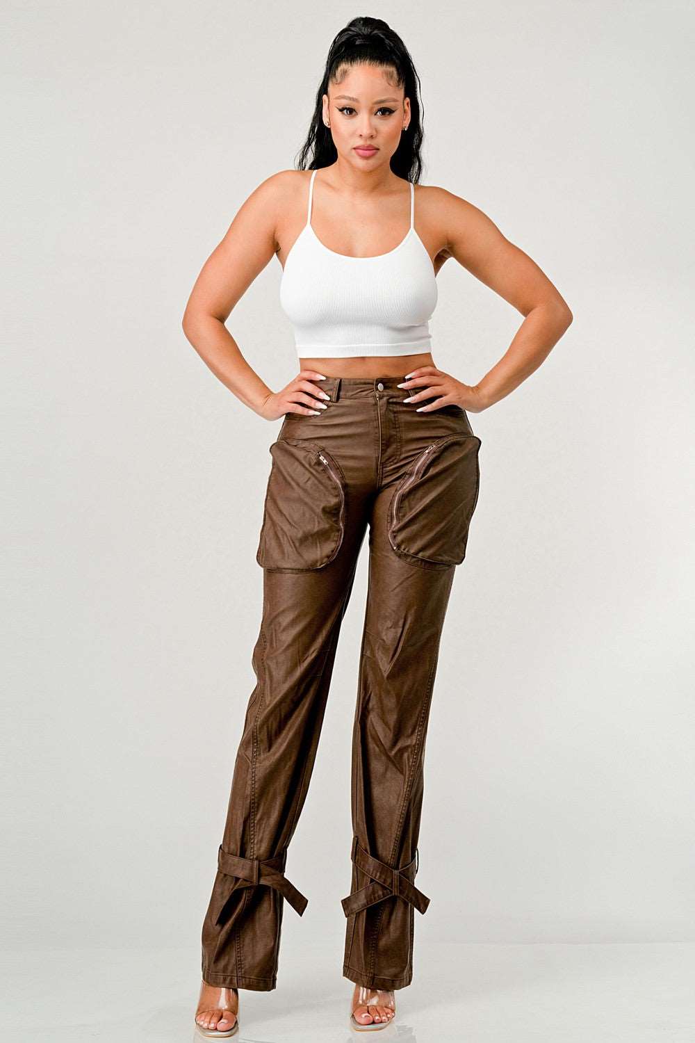 Athina PU Brown Cargo Pants