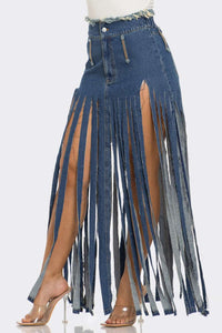 Cochella Bohemian Rhapsody Fringe Denim Skirt
