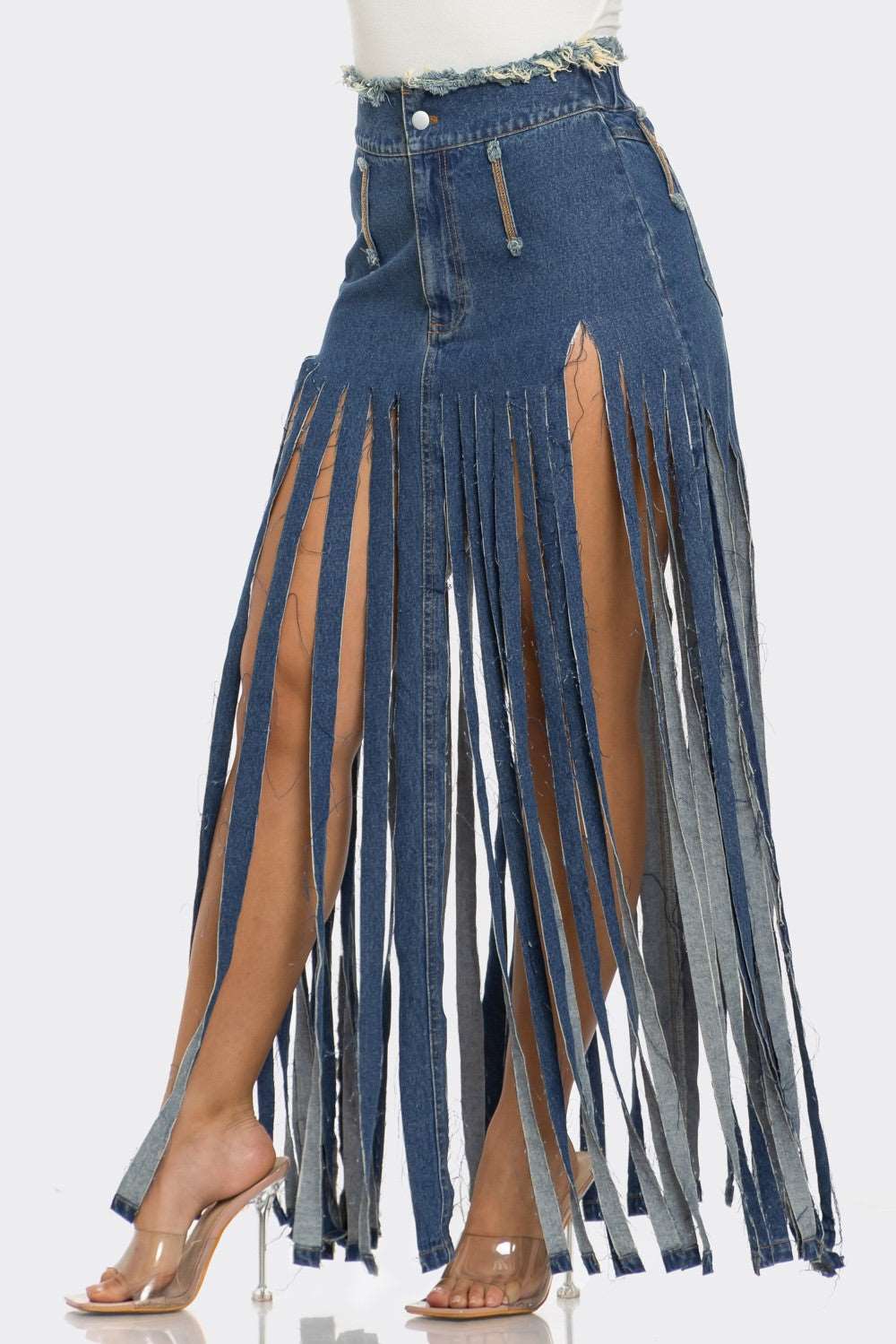 Cochella Bohemian Rhapsody Fringe Denim Skirt