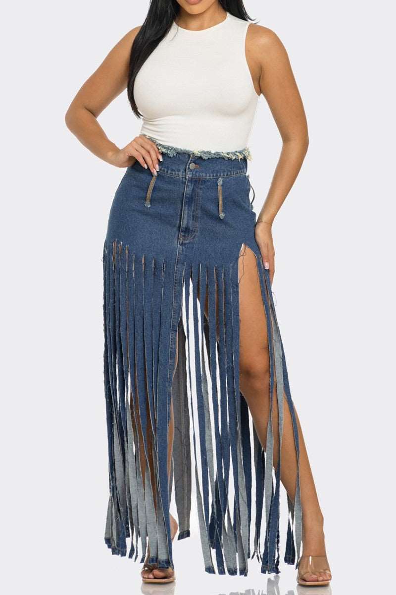 Cochella Bohemian Rhapsody Fringe Denim Skirt