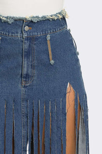 Cochella Bohemian Rhapsody Fringe Denim Skirt